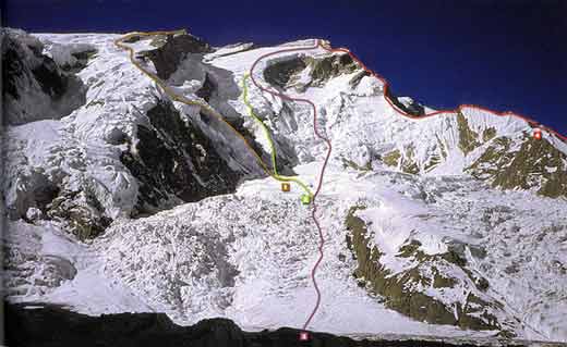 
Annapurna North Face climbing routes: 1. Spanish route to the east summit 1974, 2. Dutch route 1977, 3. French route of first ascent 1950, 4. Polish route 1996 - 8000 Metri Di Vita, 8000 Metres To Live For book
